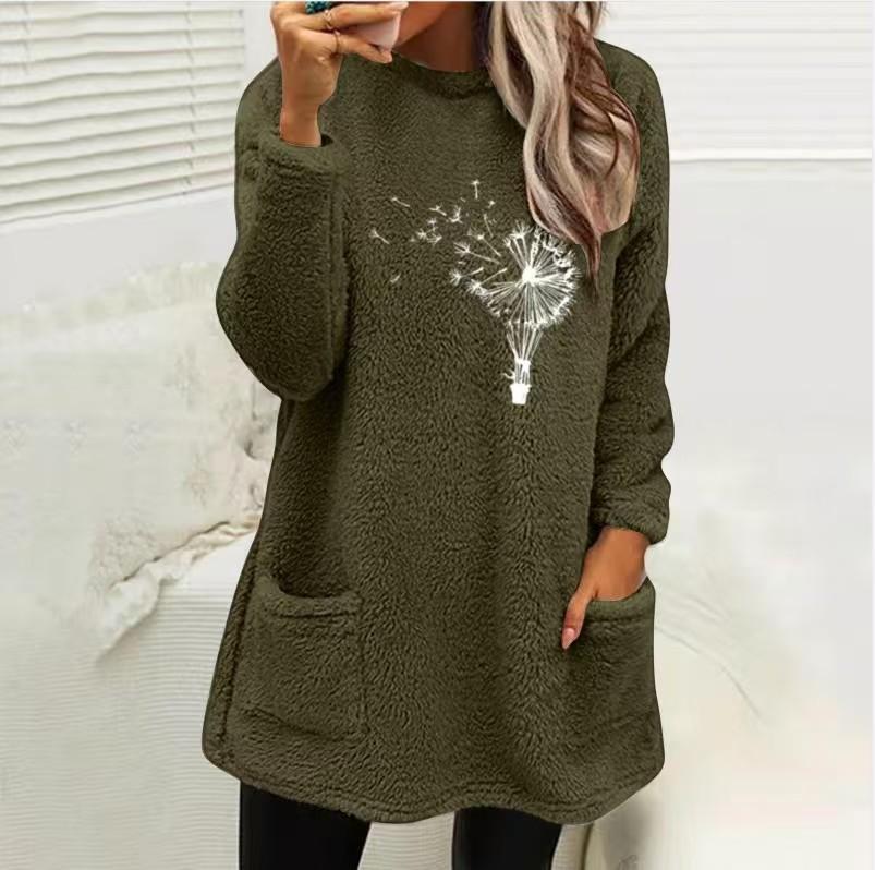 Women's Loose Fit Crew Neck Tunic Sweatshirt Long Sleeve Double Fleece Pullover Top Dandelion Floral Print Casual Fall Sweater With Side Pockets