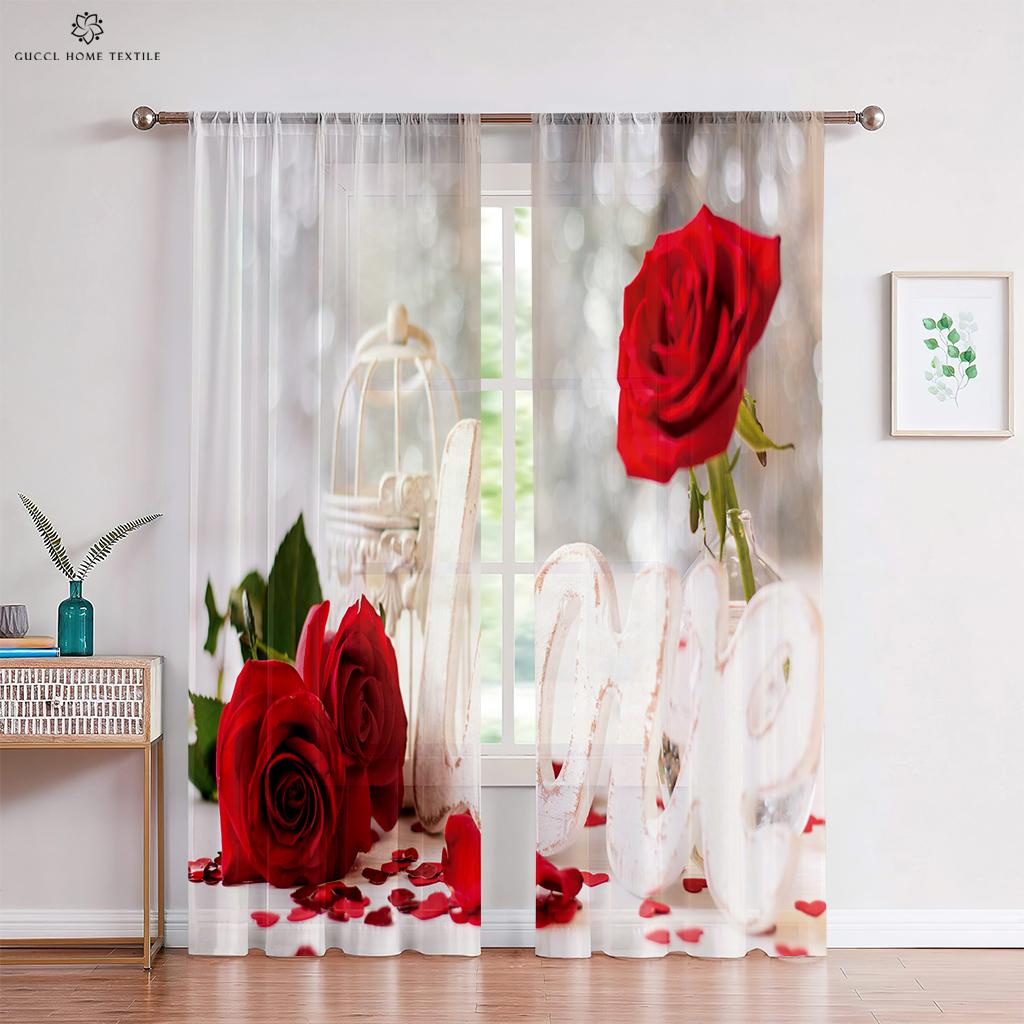 Romantic Red Rose Floral Curtains, Retro Style, Bedroom, Living Room, Study, Kitchen, Custom Home Decoration, 2 Pcs