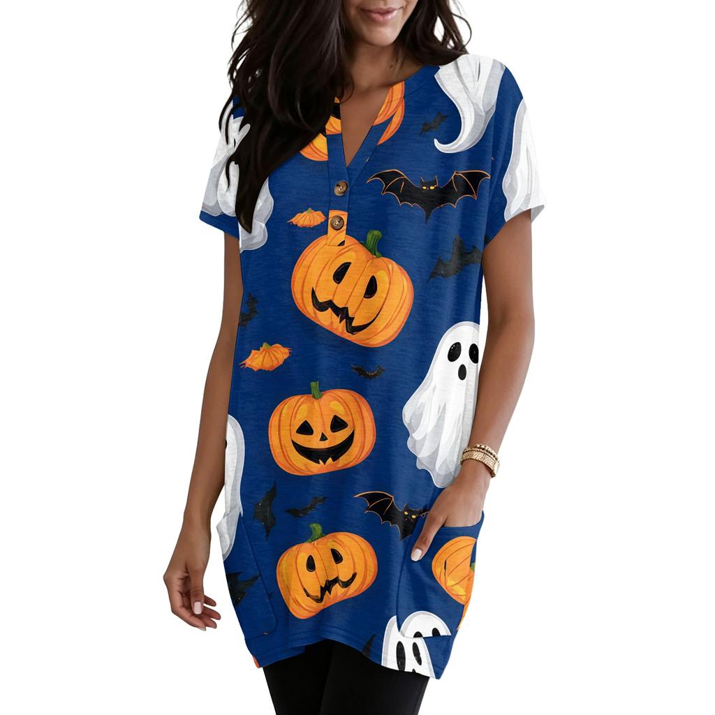 Women's V Neck Pullover Dress Halloween Print Short Sleeve Pocket Casual Loose Fit Tunic Dress