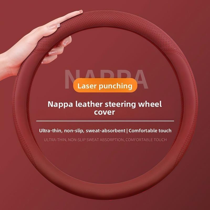 Premium Napa Leather Steering Wheel Cover Laser Perforated Non Slip Grip 14.6-15 In Universal Fit All Season Comfort Easy Tal