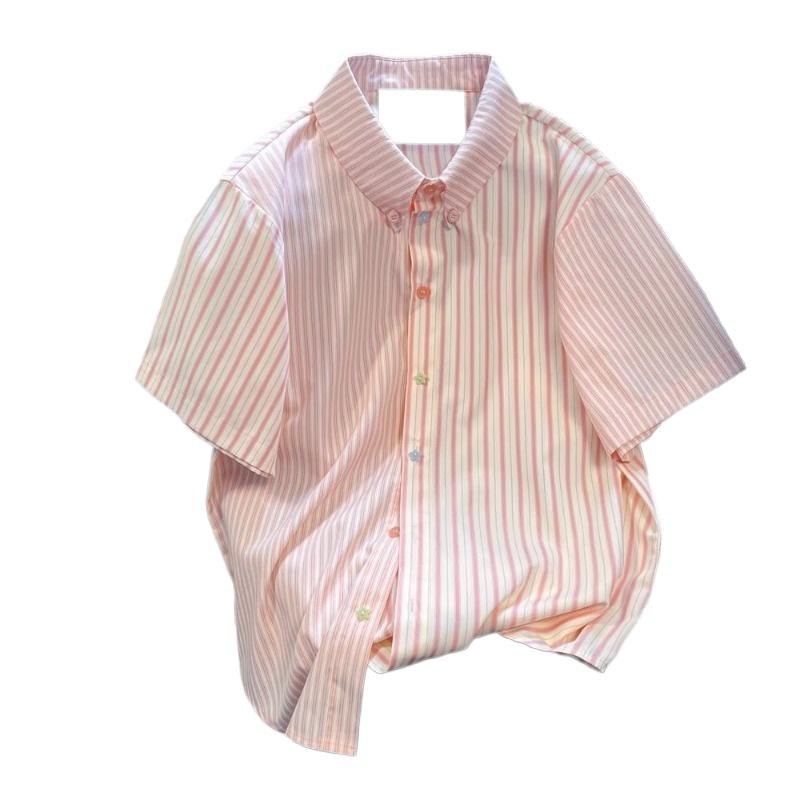 Cămașă de damă colorată cu dungi roz și nasturi, top de vară cu mânecă scurtă în stil colegial, largă, cu guler răsturnat, cămăși de damă