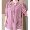 Frühling und Sommer Neues Stickerei Leinenhemd Damen Kurzarm Top Mutter Hochwertiges Leinen Damenhemd Dünner Stil