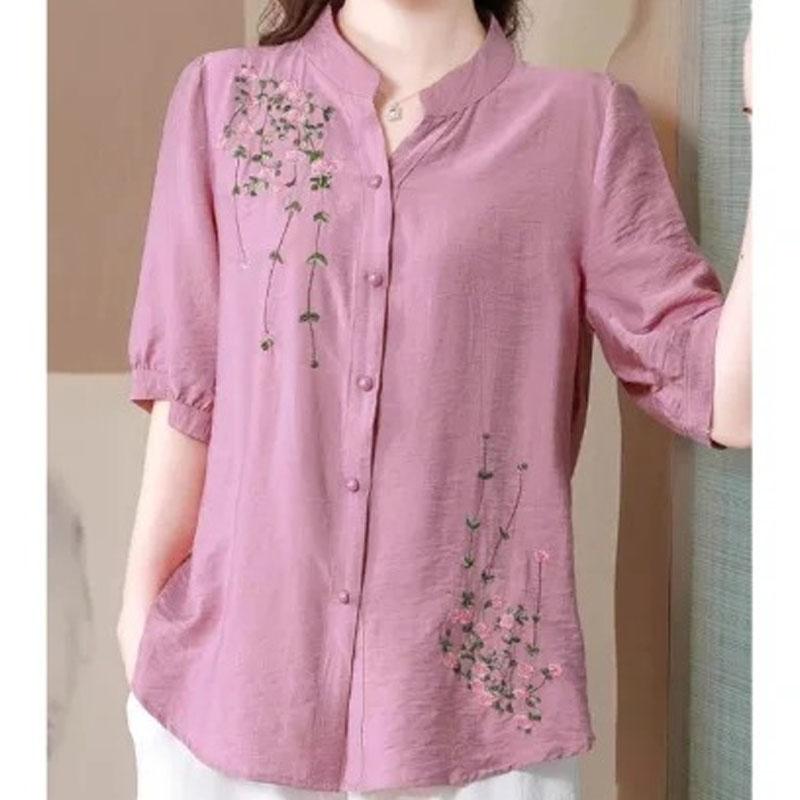 Frühling und Sommer Neues Stickerei Leinenhemd Damen Kurzarm Top Mutter Hochwertiges Leinen Damenhemd Dünner Stil