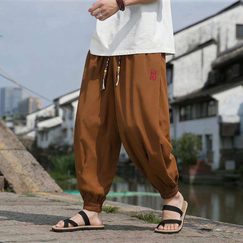 Chinese Style Beach Pants Men's Loose, Wide Leg, Leg Tied Cropped Pants