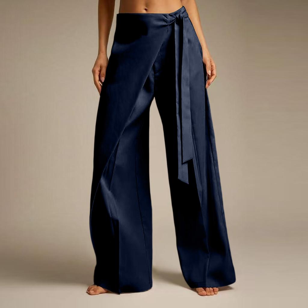 Women Casual Wide Leg Pants with Draped Overlay and Waist Tie Elegant Loose Fit Lightweight Fabric Suitable for Office and Daily Wear