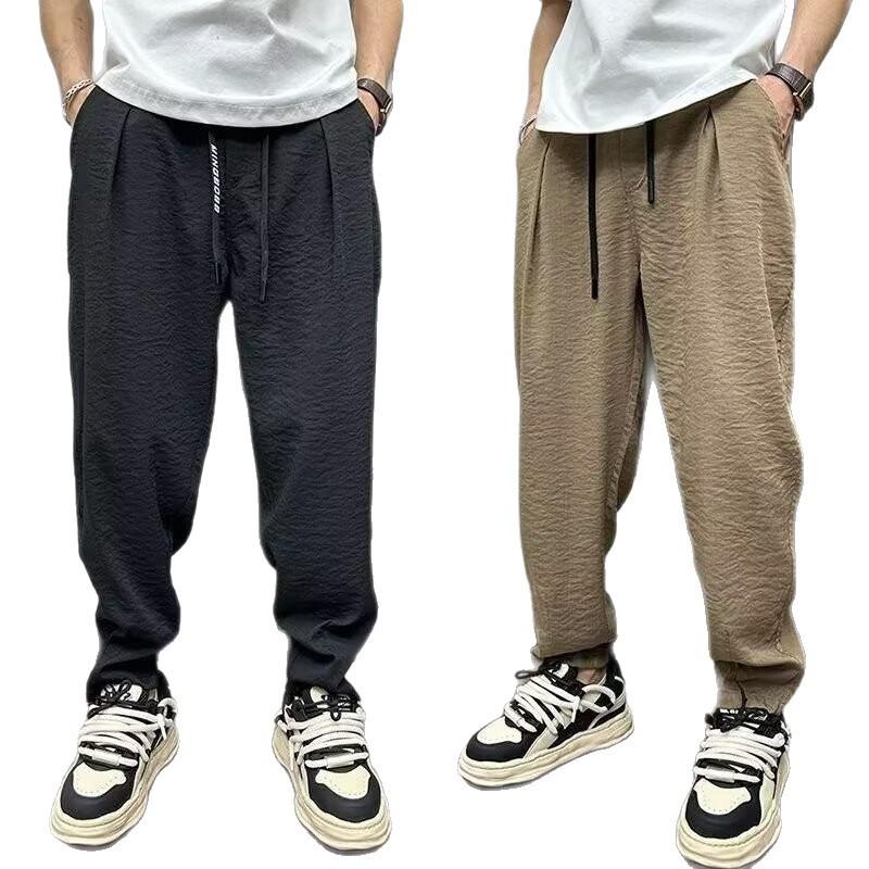 Ice silk casual pants men's 2025 summer new ice-feeling breathable drape trend loose pleated Harlan radish pants