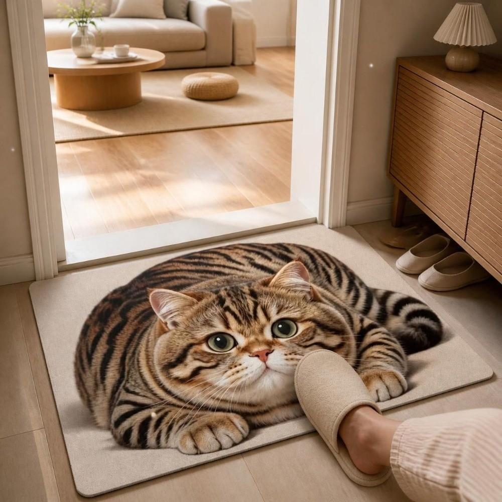 Absorbent Entryway Rug Diatomite Pet Floor Mat Practical Cat Print Doormat Hallway