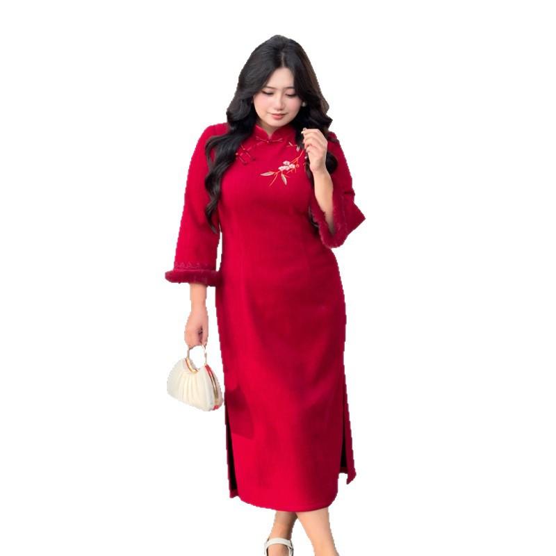 Fat MM New Chinese Literary and Retro Dress Women's Winter New Long-sleeved Fashion Cheongsam