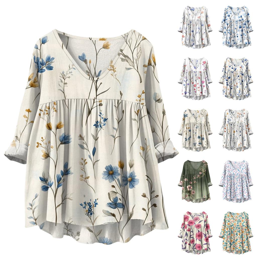 Women's Fashionable And Casual Shirt Long-sleeved V-neck Print Cotton And Linen Blouse