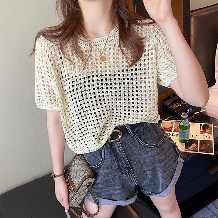 Skeleton Short-sleeved Knit Shirt Women's Summer Thin Design Sense Niche Chic Unique Loose Versatile Blouse Tops Casual Slim Fit Pullovers Tees