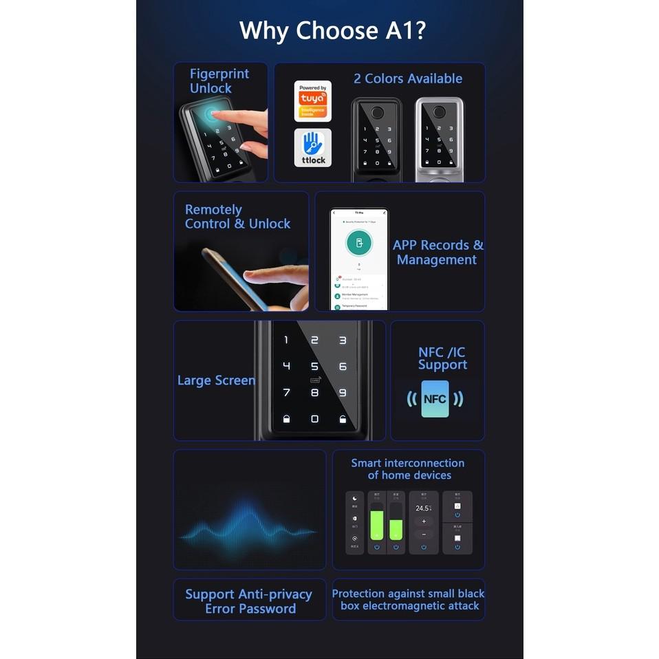 A1 TT Lock/ Tuya WiFi Auto Fingerprint Smart Door Lock Digital Electronic Door Lock With Door Sensor Password/IC Card/APP/Key
