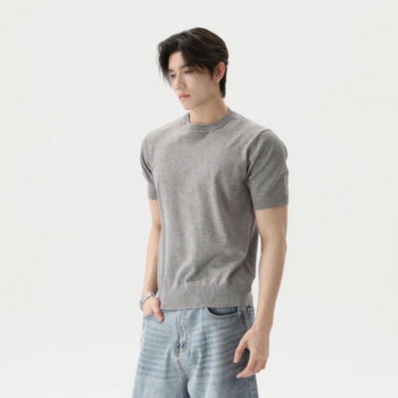 Mens Solid Color Loose Casual Short Sleeve Knit T Shirt