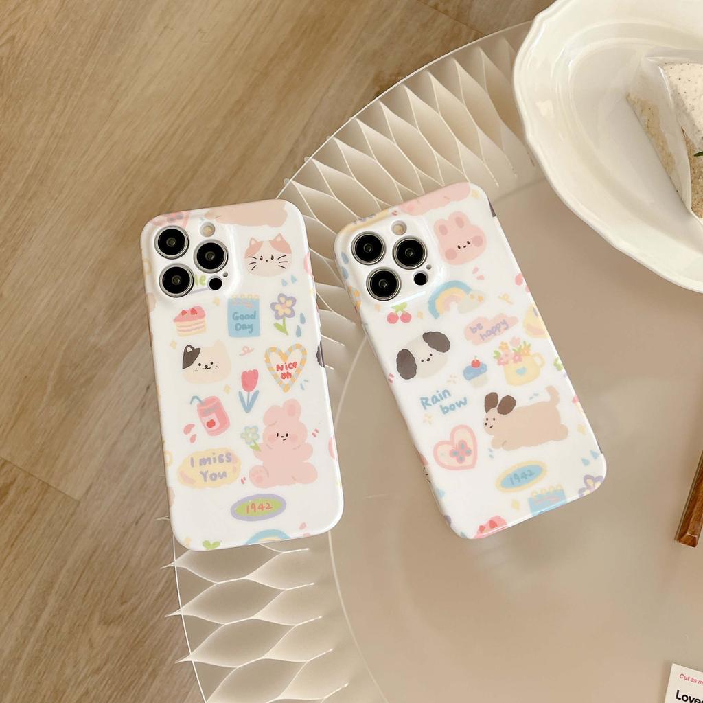 Cute Rabbit Dog Puppy Cat Bunny Cartoon Imd Couple Phone Case For Iphone 14 13 Pro Max 11 12 Promax Back Cover Rainbow Happy