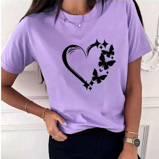

Summer Round Neck Heart-shaped Butterfly Printed Top Fashionable Casual Pure Cotton Short Sleeved Women s T-shirt S