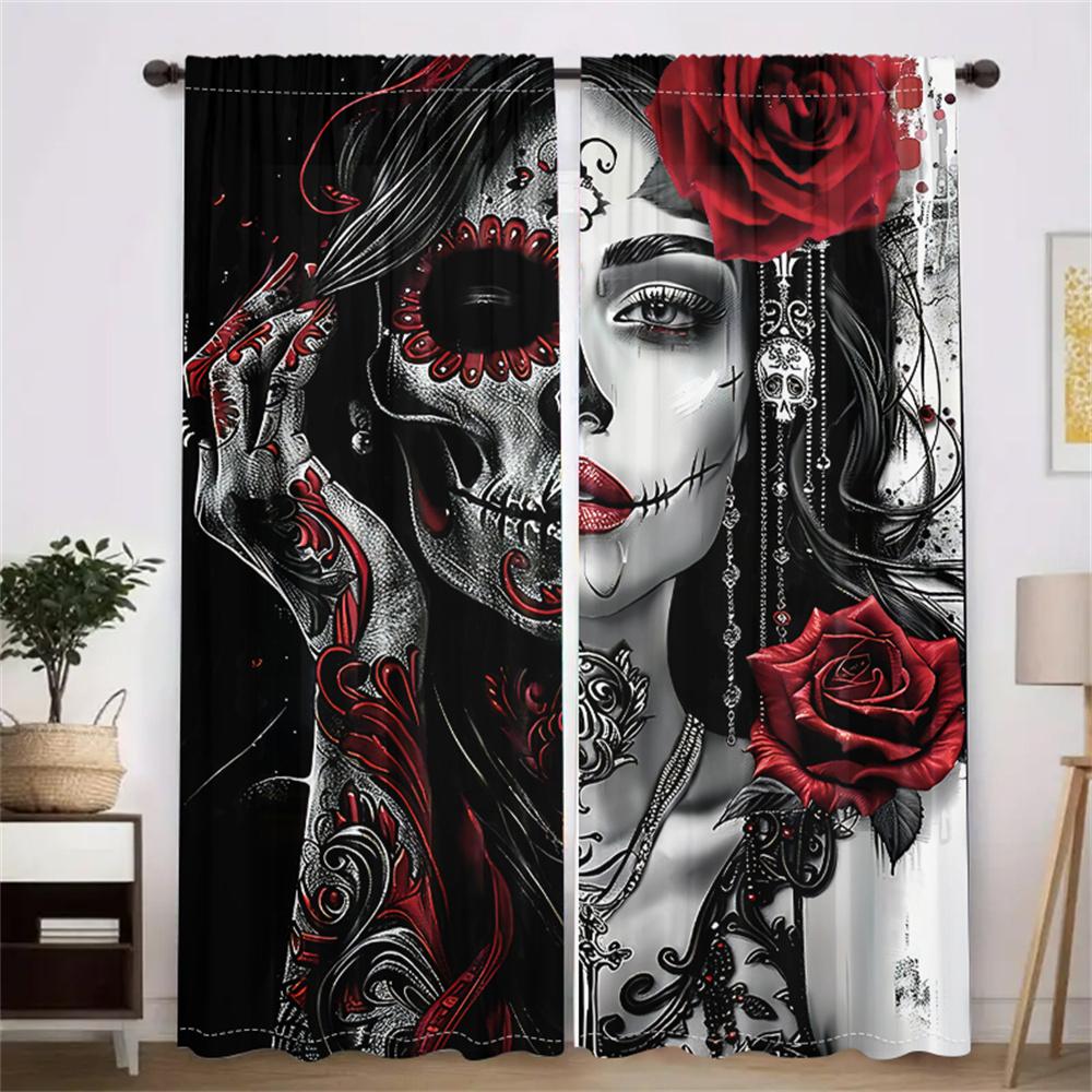 2Pcs Gothic Curtains Black Red Skull Rose Pattern Living Room Bedroom Sunshade Mysterious Dark Style Decor Curtains