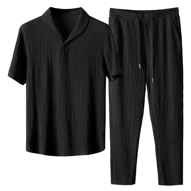 Summer Large Size Casual Short Sleeve Shirts and Long Pants 2 Pcs Tracksuit