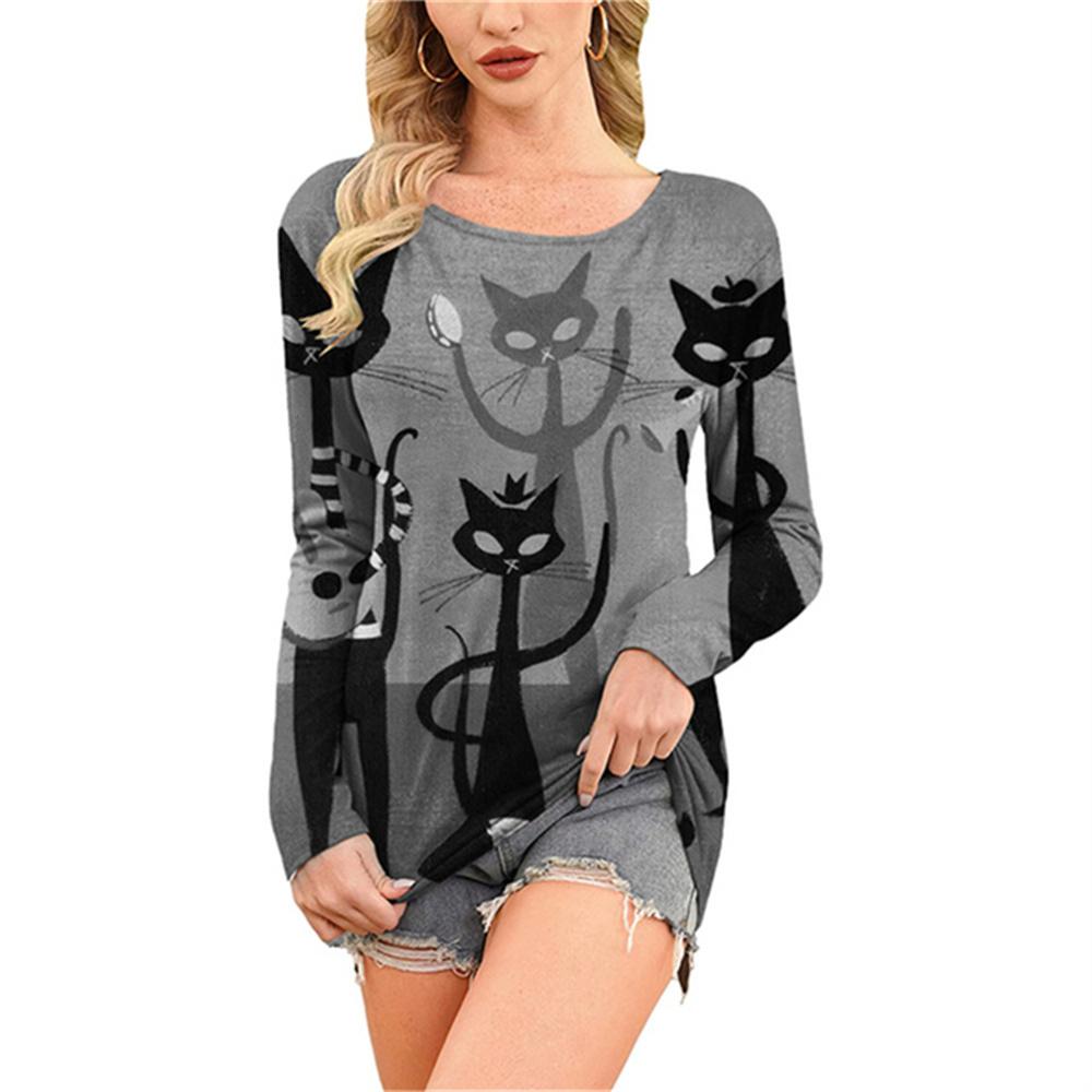 Модная удобная универсальная женская футболка с принтом мультяшного кота с круглым вырезом — фото 5