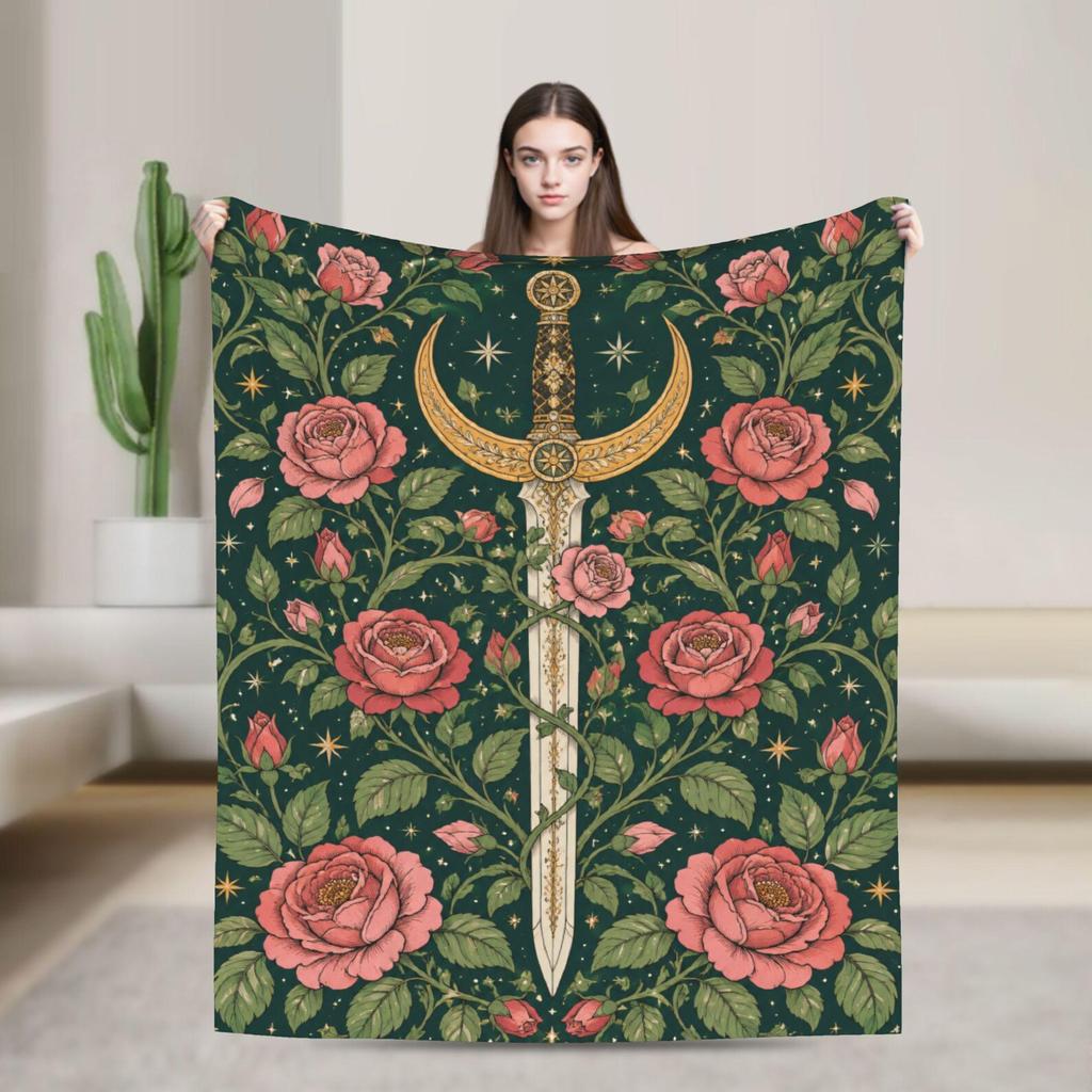 Sword and Rose Blanket Dark Fantasy Throw Flannel Gothic Decor