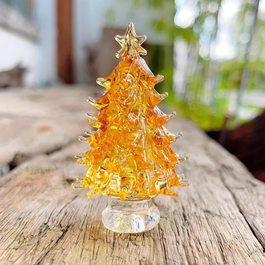 Glass Christmas Tree Figurines Set of 3 Decorative Holiday Ornaments with Star Tops for Table Centerpiece or Shelf Display