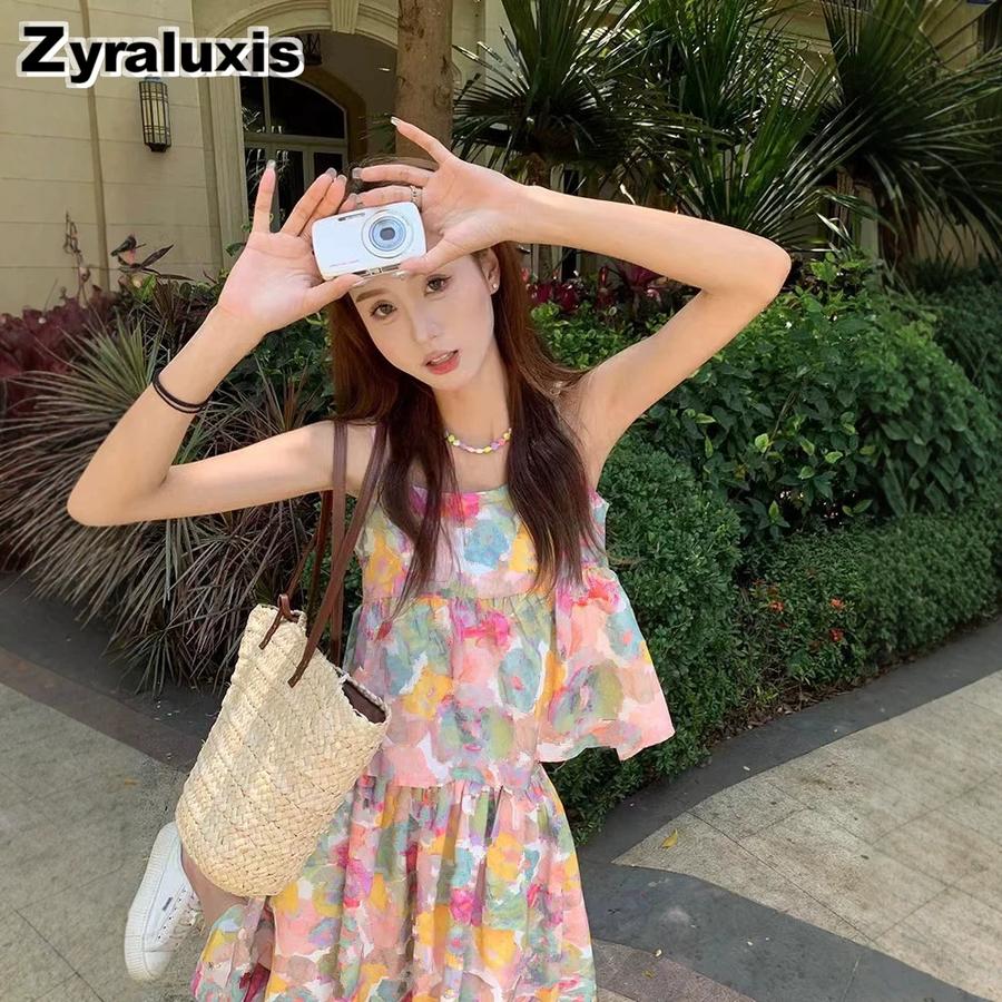 Floral French Set Women's Clothing Cami Top Summer New Style Half-Length Skirt Dress Beach Vacation Two Piece Outfit