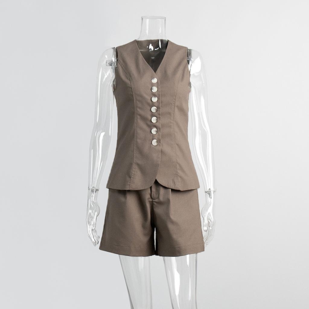 Set Estivo da Donna in Cotone e Lino 2 Pezzi Casual da Pendolare Gilet Gilet + Pantaloncini