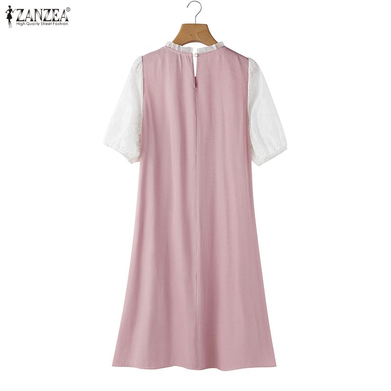 ZANZEA Women Fashion Embroidery Patchwork Casual Round Neck Short Sleeve Dress