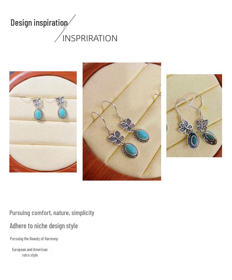 S925 Sterling Silver Natural Turquoise Retro Butterfly Earrings