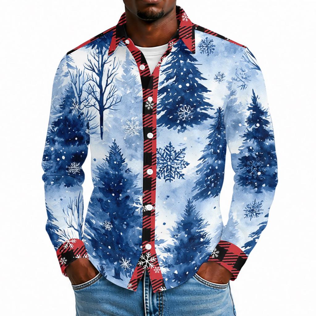 Men's Casual Long Sleeve Shirt with Christmas Print for Spring and Everyday Wear