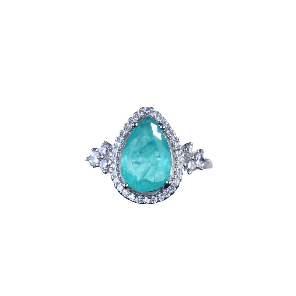 New Imitation Paraiba Suit Women, European and American Luxury Full Diamond Open Ring, Colored Treasure Stud Earrings, Water Drop Necklace