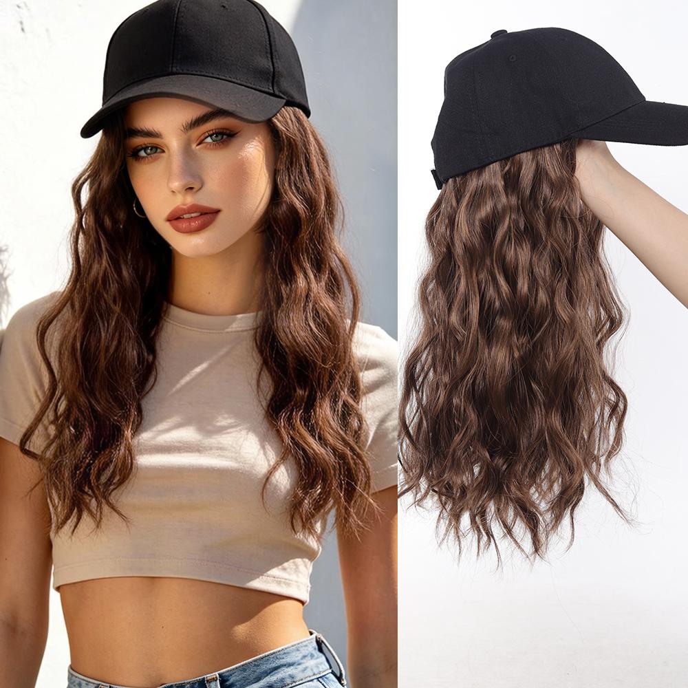 Synthetic Wig Hat with Natural Wave Hair Extensions Attached for Woman Baseball Cap Wig Black Curly Wavy Hairstyle Adjustable