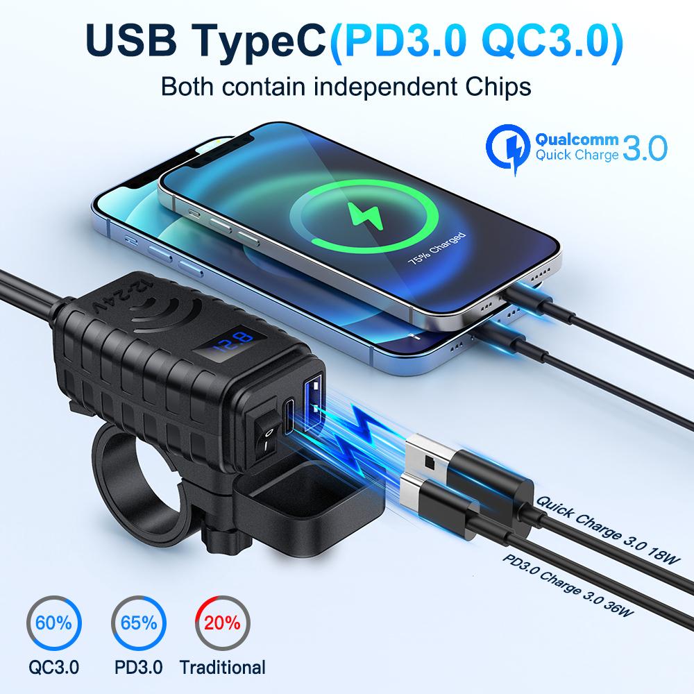 Motorcycle 48W Mobile Phone Quick Charger Waterproof and Dustproof  Intelligent Fast Charging Voltage Display ON/Off