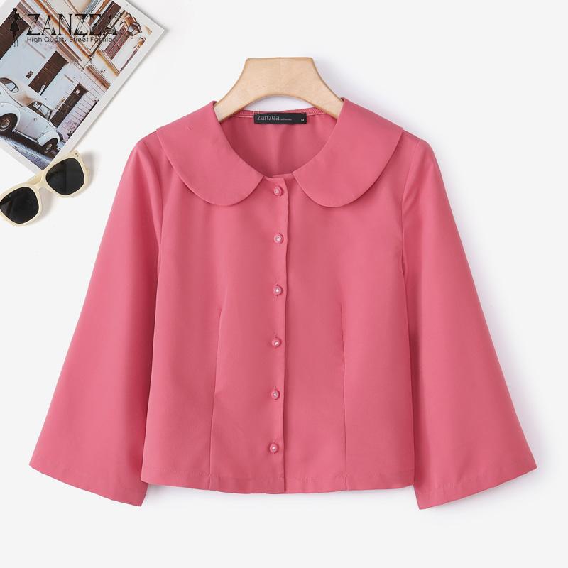 ZANZEA Women Doll Collar Loose Casual 3/4 Sleeve Blouse