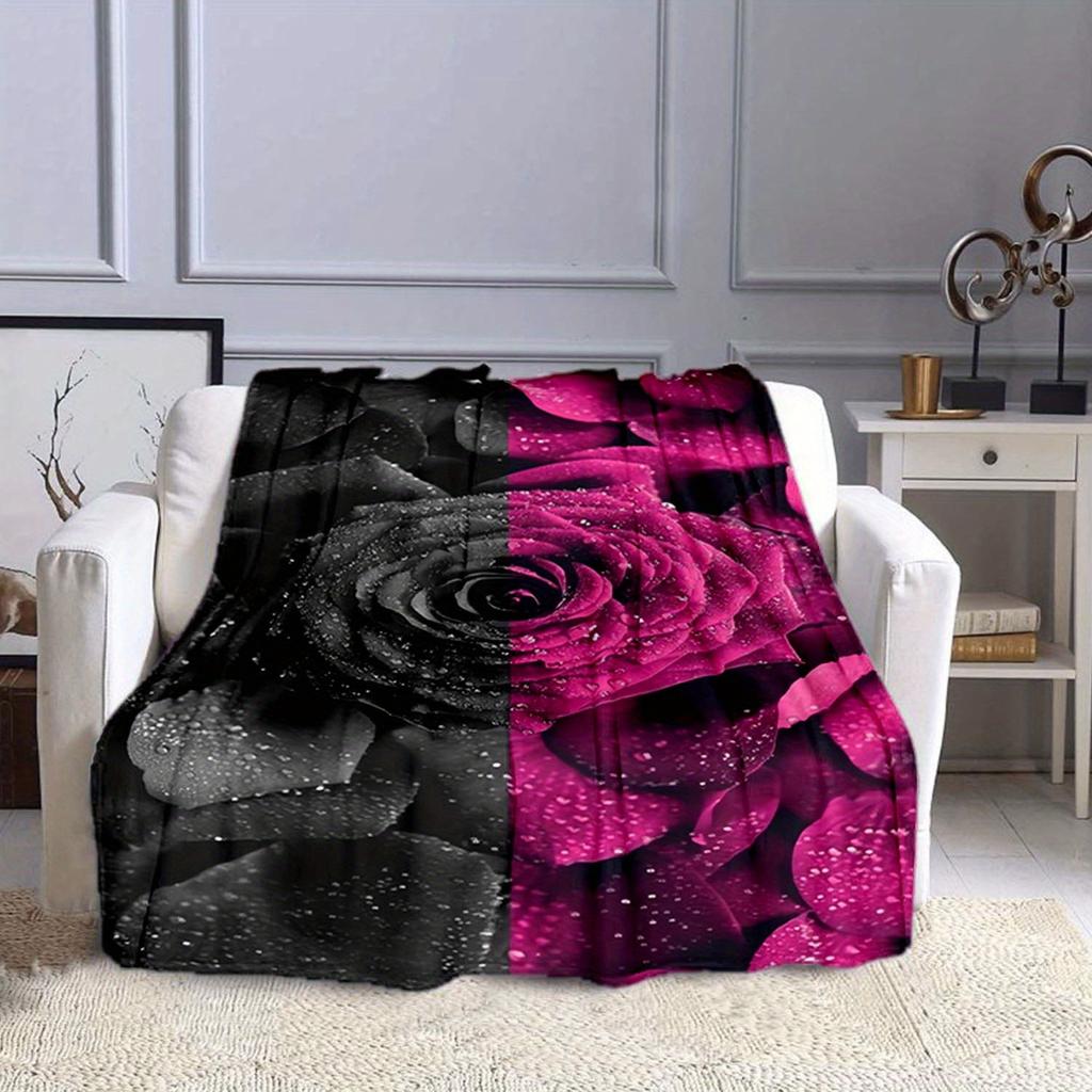 1pc Rose Print Blanket, Flannel Blanket, Soft Warm Throw Blanket Nap Blanket For Couch Sofa Office Bed Camping Travel