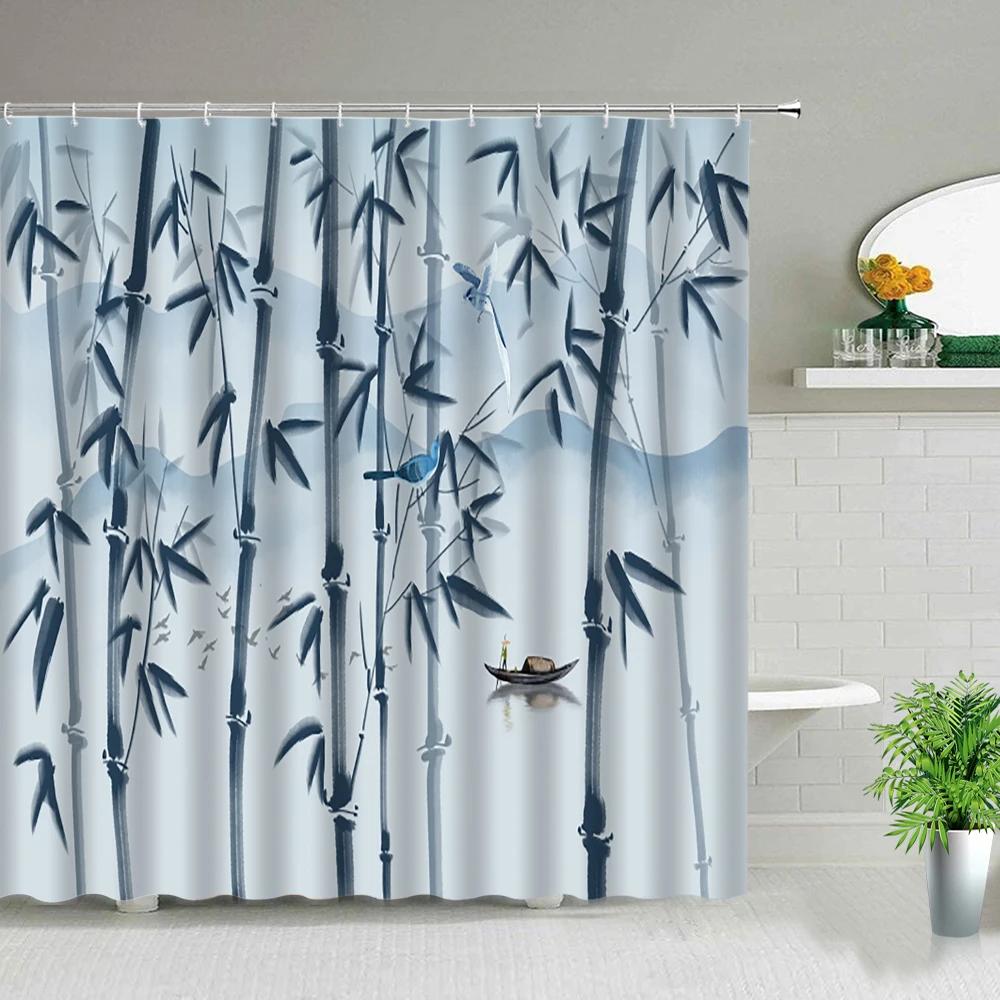 Bamboo Ink Painting Bathroom Shower Curtains Polyester Fabric Bath Screens Bathtub Decor Waterproof Hanging Curtain With Hooks