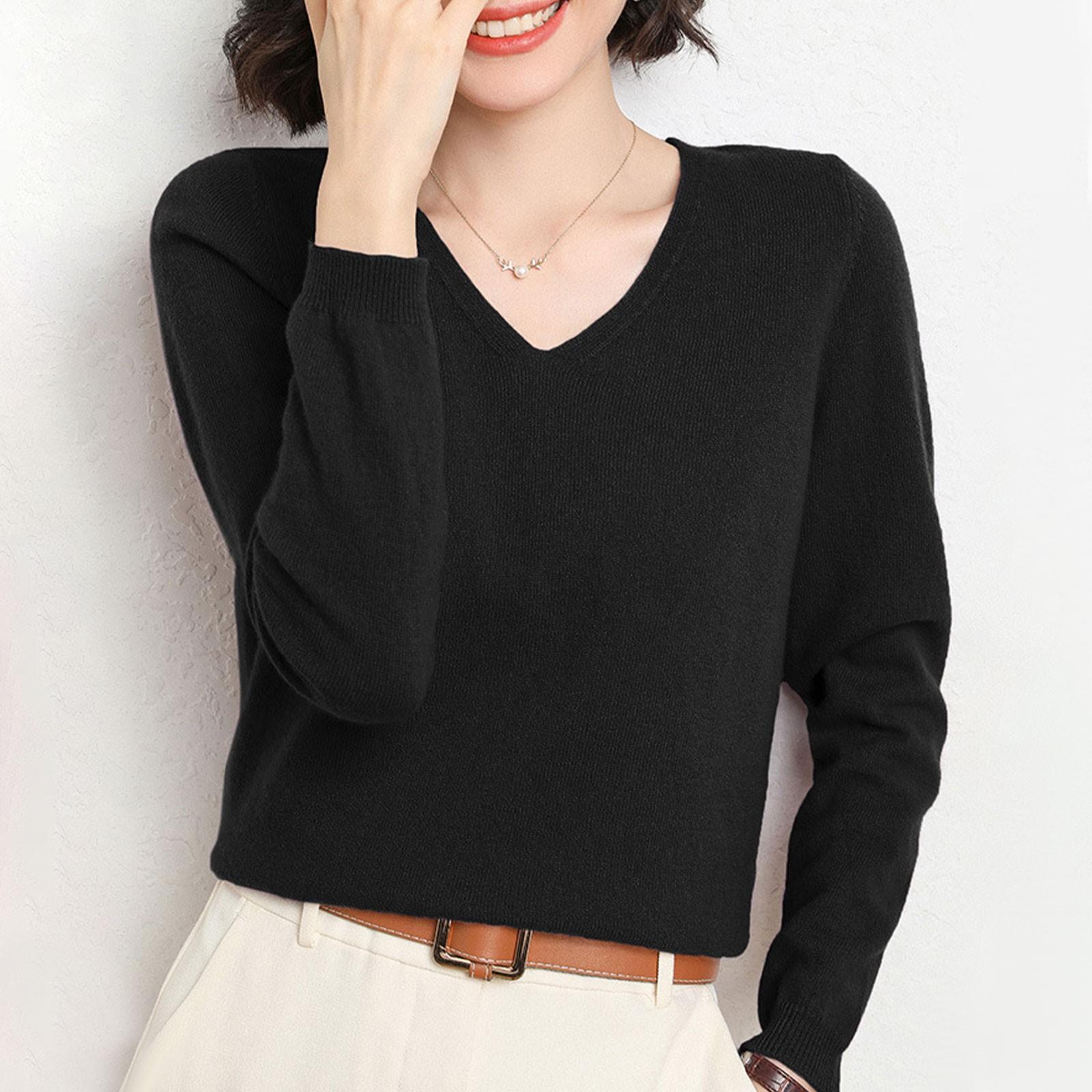 

Жіночий в язаний светр з V-подібним вирізом і довгими рукавами, вільний тонкий топ M чорний