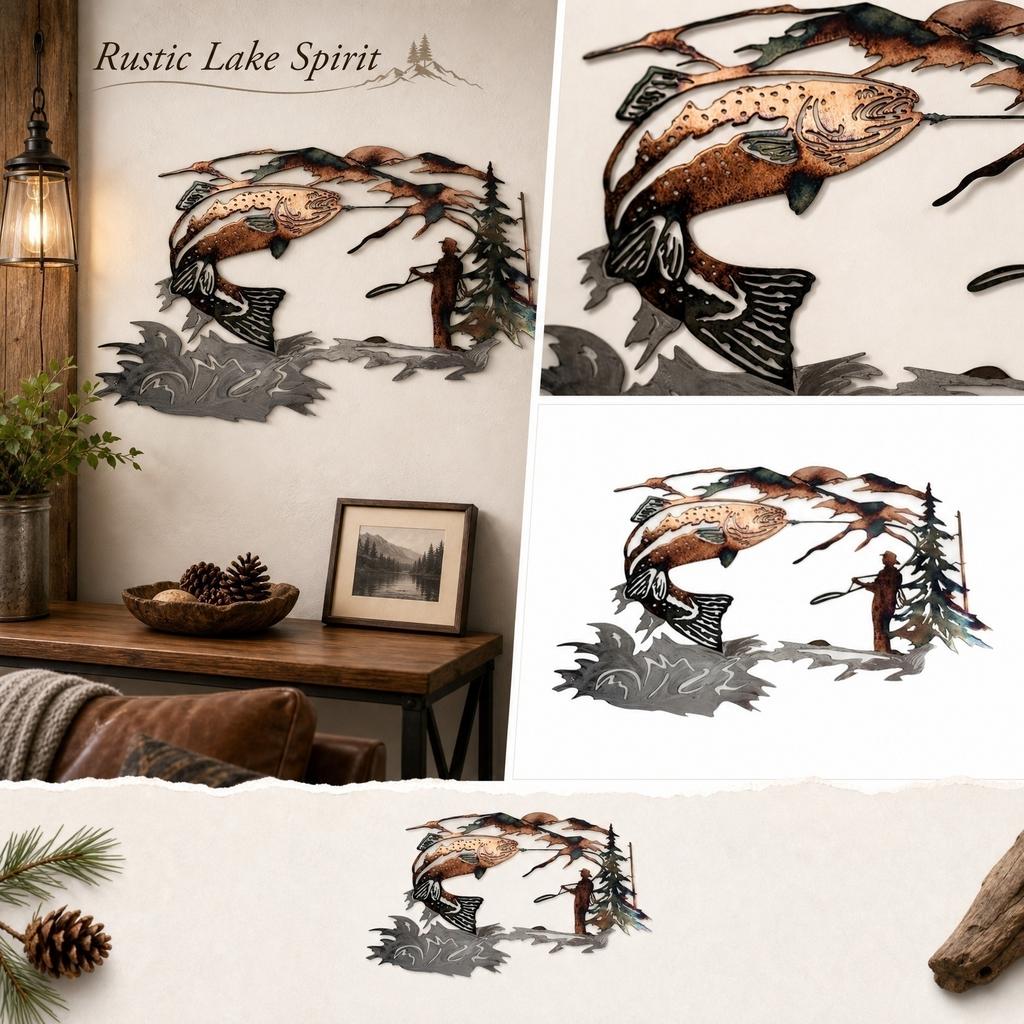 Metal Wall Art Fishing Scene Decorative Wall Hanging for Living Room Entryway Rustic Outdoor Theme Metal Craft Wall Decor
