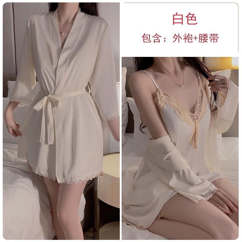 Women's Lace Push Up Padded Backless Cami Sleep Dress with Tie Robe Lounge Set