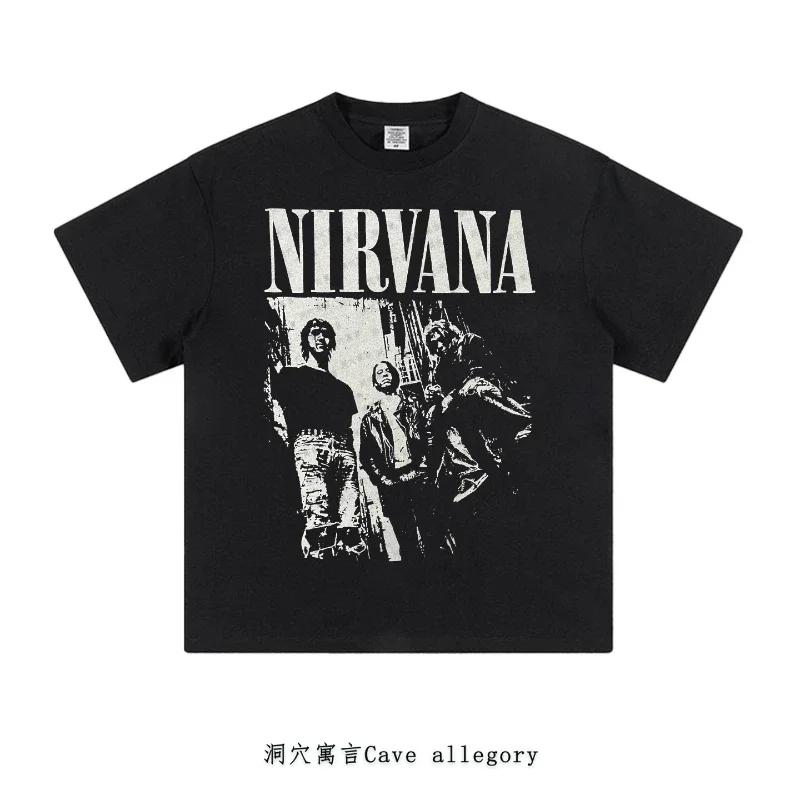 American Retro Nirvana Rock Band American Cotton Print Shortsleeved Tshirt For Unisex And Wounisex Kurt Cobain Black