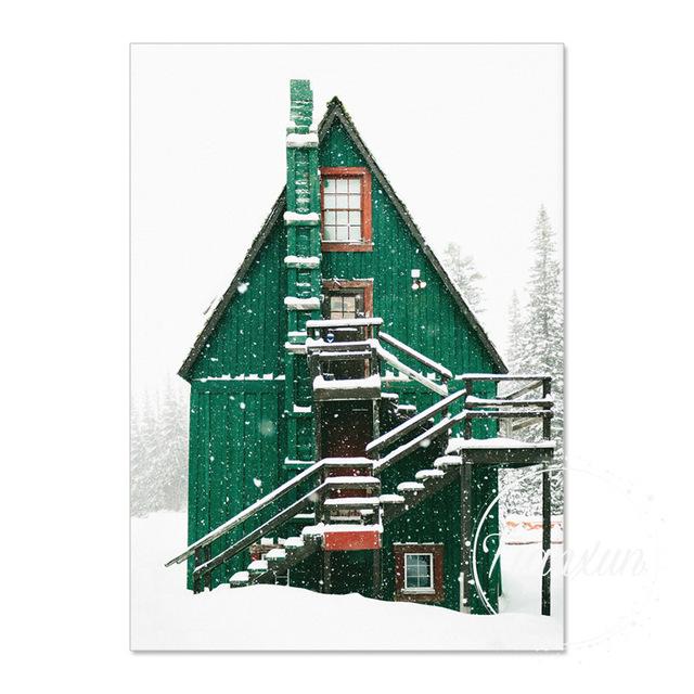 Pădure de iarnă Casă de zăpadă Cerb Sanie Artă de perete Pictură pe pânză Postere și imprimeuri nordice Poze de perete pentru decor camera de zi fără cadru