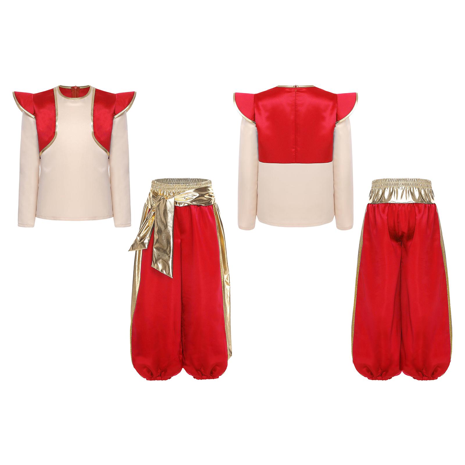 

Костюм арабского принца для мальчика - Металлические блестящие шаровары и фальшивый топ из двух частей для косплея на Хэллоуин красный