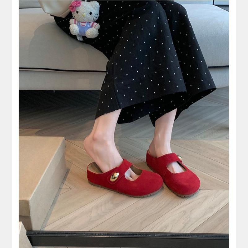 Cowhide version, height increased by 5cm~ Small golden beans, big round head, soft and cute, height increased half slippers, women