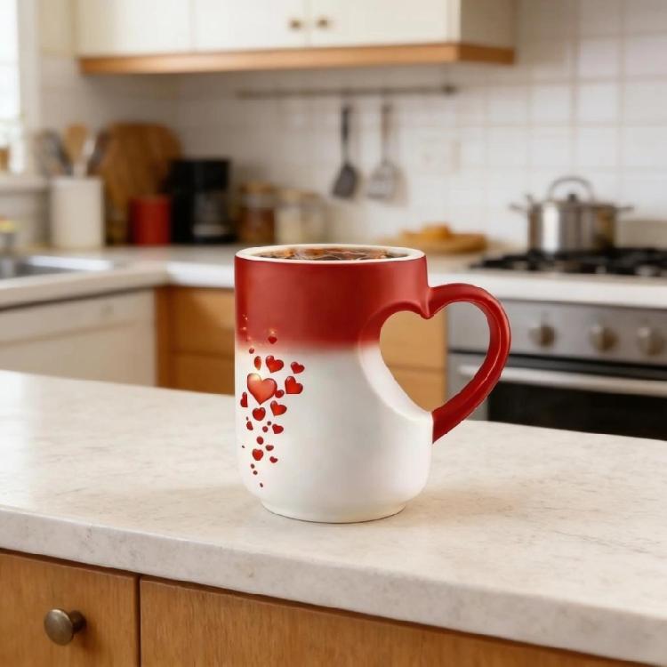 Stylish Ceramic Drinking Cup With Lovely Heart Handle And Fade Resistant Print Color Changing Coffee Mug