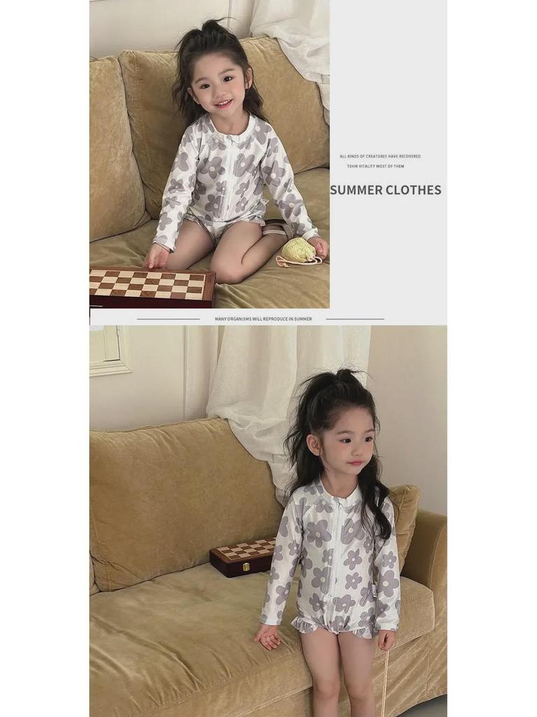 Stylowy strój kąpielowy dla dziewczynek z długim rękawem w kwiatowy wzór z ochroną przeciwsłoneczną na wakacje na plaży lub w gorących źródłach