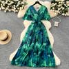 Summer New Women's High-end Strap Waist V-neck Horn Sleeve Thin Temperament Printed Chiffon Dress