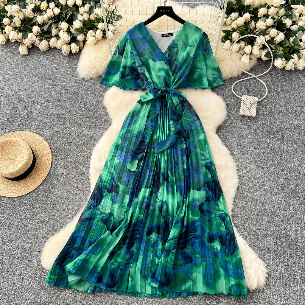 Summer New Women's High-end Strap Waist V-neck Horn Sleeve Thin Temperament Printed Chiffon Dress