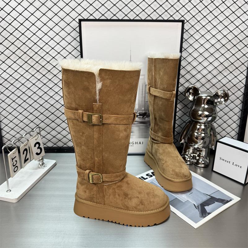 thick-soled gray long-tube snow boots for women, winter velvet and thickened thermal cotton shoes.