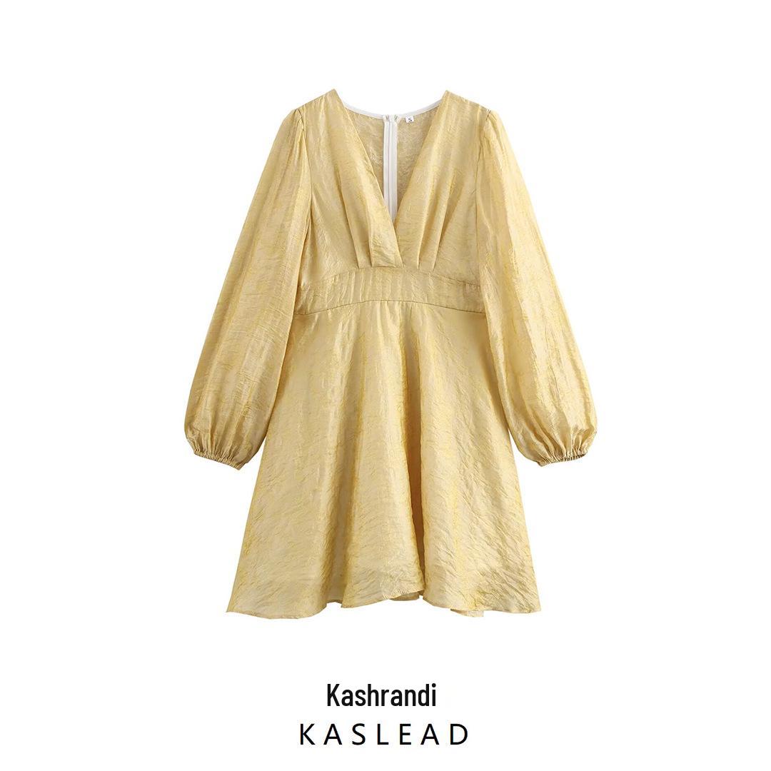 

2024 Winter Women s European & American Style V-Neck Waist-Hugging Long Sleeve Dress Small жовтий