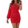 Women's Sequin One Shoulder Dress Long Sleeve Sparkly Mini Bodycon Dress Ruched Party Cocktail