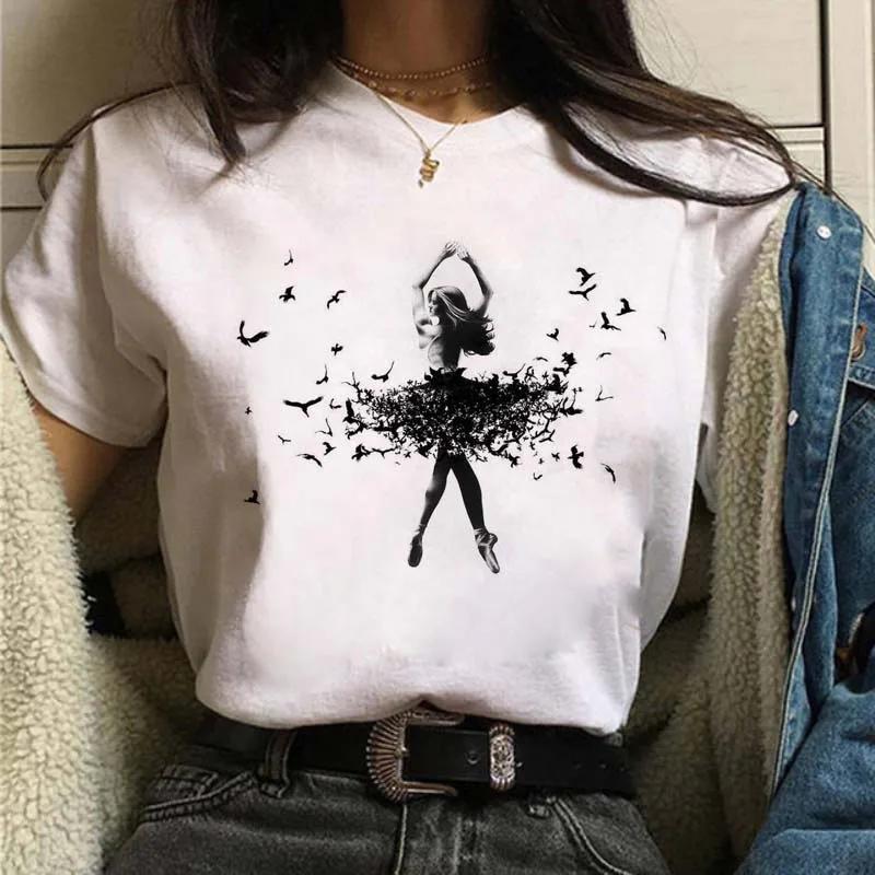 Women T Shirts Harajuku Short Sleeves Tshirt Ballet Dancer Printed White T Shirt Tees Shirt Femme Top
