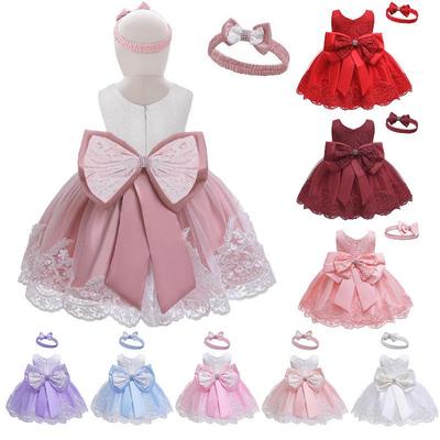 Children's Lace Color Block Birthday Bow Dress